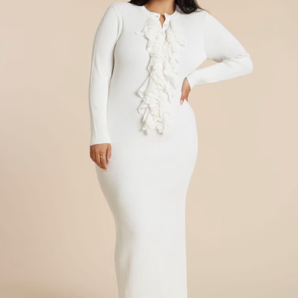 Eloquii White Long Sleeve Ruffle Dress